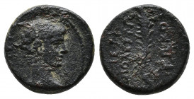 Phrygia. Hierapolis Gaius, adopted by Augustus 4 BC. [ΓAIOΣ]; bare head of Gaius right / IEPA-ΠOΛEITΩN KΩKO[Σ]; laurel branch. RPC I, 2948. AE 3.12g...