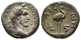 EGYPT, Alexandria. Antoninus Pius. AD 138-161. BI. Dated RY 6 (AD 142-3). ΑΝΤⲰΝΙΝΟϹ ϹƐΒ ƐV(Ϲ)(Ɛ)Β; laureate head of Antoninus Pius, r. / ΑΙⲰΝ L Ϛ; pho...