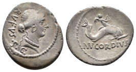 Cordius Rufus 46 BC. Rome. Denarius. RVFVS S C, diademed head of Venus right / [M] N CORDIVS, Cupid riding on dolphin right. Sydenham 977; Crawford 46...