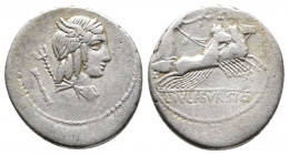 L. Julius Bursio. 85 BC. AR Denarius. Laureate, winged, and draped bust of Apollo Vejovis right with attributes of Apollo, Mercury, and Neptune / Vict...