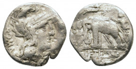 C. Caecilius Metellus Caprarius, moneyer. AR Denarius minted at Rome, 125 BC. Head right of Roma, wearing Phrygian helmet; below chin, XVI in monogram...