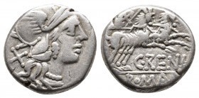 C. Renius. Denarius, 138. Head of Roma with winged helmet r.; behind, mark of value X. Rev. C. RENI / ROMA Juno in biga of goats r., wearing diadem an...