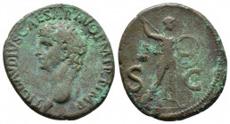 Claudius 41-54. Dupondius, Rome mint. TI CLAVDIVS CAESAR AVG P M TR P IMP: Head of Claudius, bare, left / S C: Minerva, helmeted and draped, advancing...