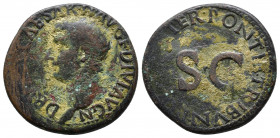 Drusus Ӕ As, Rome 21-22. Obv. DRVSVS CAESAR TI AVG F DIVI AVG N, bare head of Drusus to left. Rev. PONTIF TRIBVN POTEST ITER around large S C. RIC 45;...