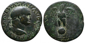 Vespasian. A.D. 69-79. Æ As. Lugdunum (Lyon) mint. Struck A.D. 72. IMP CAES VESPASIAN AVG COS IIII , laureate head right, small globe at point of bust...