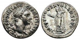 Domitian AR Denarius. Rome, AD 96. IMP CAES DOMIT AVG GERM P M TR P XV, laureate head right / IMP XXII COS XVII CENS P P P, Minerva standing left with...