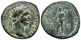 Domitian 81-96. As Ӕ, struck AD 88-89. IMP CAES DOMIT AVG GERM COS XIIII CENS PER P P, head of Domitian, laureate, right / MONETAE AVGVSTI SC, Moneta ...