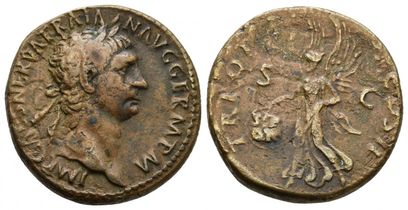 Trajan AD 98-117, Ӕ As struck 98-99. IMP CAES NERVA TRAIAN AVG GERM P M: Head of...