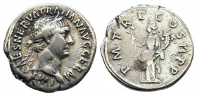 Trajan AD 98-117, Denarius struck 98-99. IMP CAES NERVA TRAIAN AVG GERM: Head of Trajan, laureate, right / P M TR P COS II P P: Pax, draped, wearing w...