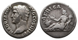 Hadrian 117-138 AD. AR Denarius. Struck 134/5-138 AD. HADRIANVS AVG COS III PP, bare head left / AFRICA, Africa reclining left, wearing elephant headd...