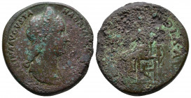 Sabina, Augusta, struck AD 130 - AD 133. Sestertius Ӕ. SABINA AVGVSTA HADRIANI AVG P P, bust of Sabina, diademed, wearing stephane with hair in queue,...