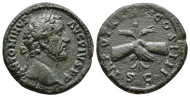 Antoninus Pius. AD 138-161. AE As Rome mint. Struck AD 160-161. ANTONINVS AVG PIVS P P: Head of Antoninus Pius, laureate, right/ TR POT XXIIII COS III...