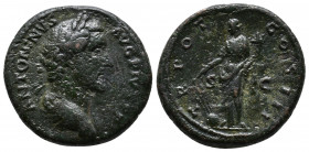 Antoninus Pius. AD 138-161. Æ As Rome mint. Struck AD 140-144.ANTONINVS AVG PIVS P P: Head of Antoninus Pius, laureate, right / TR POT COS III S C: Fo...