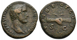 Antoninus Pius, as Caesar, Ӕ As. Rome, AD 138. IMP T AELIVS CAESAR ANTONINVS, bare head right / TRIB POT COS, clasped hands, holding winged caduceus a...