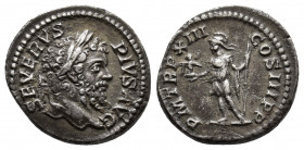 Septimius Severus (193-211). AR Denarius Rome, c. AD 205. SEVERVS PIVS AVG,lLaureate head r. R/ PM TR P XIII COS III PP, Roma standing l., holding Vic...