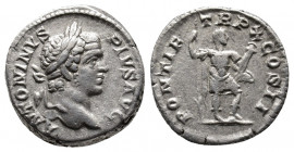 Caracalla, 207 AD. Denarius. Obv: ANTONINVS PIVS AVG, laureate head of Caracalla on the right / Rev: PONTIF TR PX COS II, Caracalla in military costum...