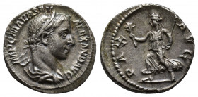 Severus Alexander (222-235) AR Denarius. Rome, AD 226. IMP C M AVR SEV ALEXAND AVG. Laureate and draped bust right /P M TR P V COS II P P. Mars advanc...