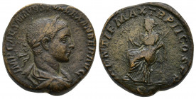 Severus Alexander (222-235). Sestertius. Rome, AD 223. Obv: IMP CAES M AVR SEV ALEXANDER AVG. Laureate, draped and cuirassed bust right. Rev: PONTIF M...