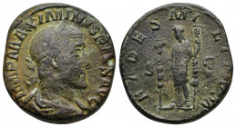 Maximininus Thrax . 235-238 AD. Æ Sestertius. Struck 236-237 AD. IMP MAXIMINVS PIVS AVG, Laureate, draped, and cuirassed bust right / FIDES MILITVM, F...