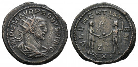 Probus. A.D. 276-282. AR antoninianus. Antioch mint, 7th officina. IMP C M AVR PROBVS AVG. radiate, draped, and cuirassed bust right / CLEMENTIA TEMP,...