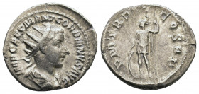 Gordian III, 238-244. Antoninianus, Rome, 239. IMP CAES M ANT GORDIANVS AVG Raditate, draped and cuirassed bust of Gordian to right. / P M TR P II COS...