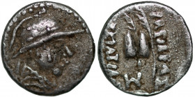 Baktria, Greco-Baktrian Kingdom. Eukratides I 170-145 BC. AR Obol (10mm, 0.66g). Uncertain mint. Struck circa 162-145. Diademed and draped bust of Euk...