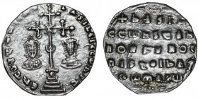Byzantine Empire. Basil II Bulgaroktonos, with Constantine VIII. 976-1025. AR Miliaresion (21mm, 2.79g). Constantinople mint. ЄҺ TOVTω ҺICAT ЬASILЄI C...