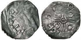 Belgium. Lower Lorraine. Albert II 1031-1063. AR Denar (18mm, 1.04g). Dinant mint. [ALBE]RTVS, diademed bust left / +ðEO[NAM], dual crosslines with ri...