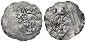 Belgium. Lower Lorraine. Count Albert III 1063-1102 (with co-regent 1064-1075). AR Denar (20mm, 1.03g). Dinant mint. +R[EILE TB]LA, busts opposed, one...