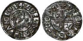 England. Aethelred II. 978-1016. AR Penny (20mm, 1.29 g, 3h). Crux type (BMC iiia, Hild. C). Dorchester mint; moneyer Wulfnoth. Struck circa 991-997. ...