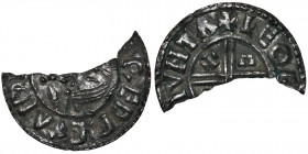 England. Aethelred II 978-1016. AR Half Penny (10mm, 0.68g). Crux type (BMC iiia, Hild. C). Huntingdon(?) mint; moneyer Leofric(?). Struck circa 991-9...