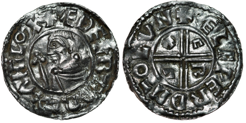 England. Aethelred II 978-1016. AR Penny (20mm, 1.34g, 12h). Crux type (BMC iiia...