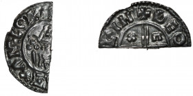 England. Aethelred II 978-1016. AR Half Penny (10mm, 0.57g). Crux type (BMC iiia, Hild. C). Lincoln(?) mint; moneyer Theodgeld(?). Struck circa 991-99...