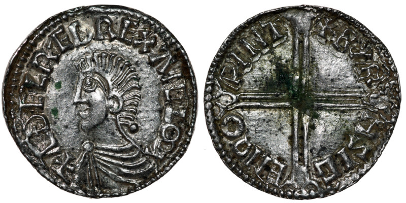 England. Aethelred II 978-1016. AR Penny (19.5mm, 1.75g, 1h). Long Cross type (B...