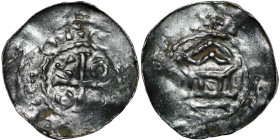 France. Diocese of Metz. Adalberon II minted with Otto III 983-1002. AR Denar (21mm, 1.21g). [+IMPERAT]OR, cross in angles O T [T] O / [+ADELBERO], te...