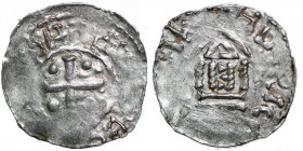 France. Diocese of Metz. Theodoric II. 1004-1046. AR Denar (20mm, 1.28g). Cross with pellet in each angle / [__]HE[_]RIC, temple on columns, E inside....