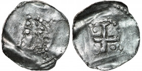 France. Toul Diocese. Berthold 996-1018. AR Denar (20mm, 1.34g). Toul mint. [+OT]T[O REX], diademed head left / Cross with pellet in opposing angle. D...
