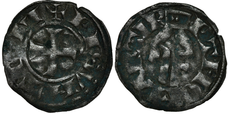 France, Besançon. 1000-1030. AR Denier (19mm, 0.98g). Cross / Benediction hand. ...