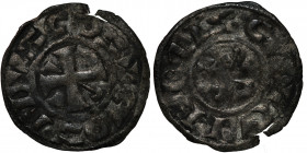 France, Feudal. Berri-Gien. Geoffrey II or III of Donzy. 1120-1160. AR denier (19mm, 0.80 g). Cross pattée; S in second quarter / Monogram of Fulk of ...