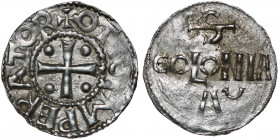 Germany. Cologne. Otto III 983-1002. AR Denar (18mm, 1.47g). Cologne mint. +OTTO IMPERATOR, cross with pellets in each angle / S / COLONIA / A G, Colo...