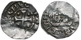 Germany. Cologne. Konrad II 1024-1039. AR Denar (18mm, 1.13g). Cologne mint. +CHVONRAD[VS_], cross, pellet in each angle /[__]ANNARCH[__], church faca...