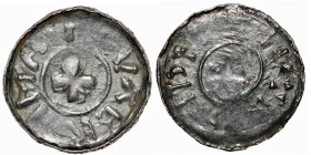 Germany. Duchy of Saxony. Bernhard I 973-1011. AR Denar (19mm, 1.27g). Bardowick (or Lüneburg or Jever?) mint. BERNHA[R]DVX, small cross pattee / Smal...