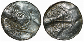 Germany. Duchy of Saxony. Goslar. Otto III 983-1002. AR Denar (18.5mm, 1.40g). OT[TO A[DEL]DEIDA, head left / [+]D-I GR-A [+ REX], cross, in angels O ...