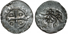 Germany. Duchy of Saxony. Otto III 983-1002. AR Obol (13.5mm, 0.50g). Goslar mint [+DIGRA+REX], short cross, in angels O D D O / +A[TEAHLHT], church f...