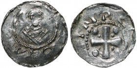 Germany. Mainz. Heinrich II 1002-1024. AR Denar (19mm, 1.50g). [__]OM[__], bust facing / [__]HNRC[__], cross with pellets in each angle. Dbg. 802 var....