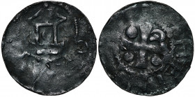 Germany. Saxony. Worms. Heinrich II 1002-1024. AR Denar (19mm, 1.12g). +HEINR[ICVS], cross, in angels 3 pellets and a crosier / [__]OR[__], church fac...