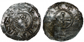 Germany. Franconia. Otto III 983-1002. AR Denar (19mm, 1.02g). Würzburg mint. [S]•KILIAAN[VS], bust of St. Kilian right / OTTO [REX], cross. Dbg. 855;...