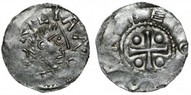 Germany. Franconia. Otto III 983-1002. AR Denar (18mm, 1.14g). Würzburg mint. [S] KILIAN S, bust of St. Kilian right / •O[TTO IM]PE, cross with pellet...
