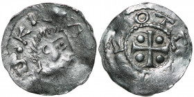 Germany. Franconia. Otto III 983-1002. AR Denar (18mm, 1.15g). Würzburg mint. [S] KILIA[N S], bust of St. Kilian right / [•]OTTO [IMPE], cross with pe...
