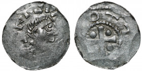 Germany. Franconia. Otto III 983-1002. AR Denar (18mm, 1.15g). Würzburg mint. S K[ILI]AN S, bust of St. Kilian right / •OTT[O IMPE], cross with pellet...